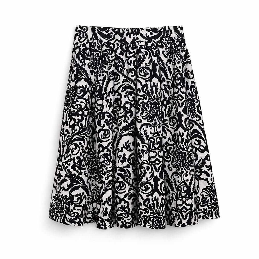 Adrienne Vittadini Black White Floral Pleated Skirt XS | Pull-On Pocket